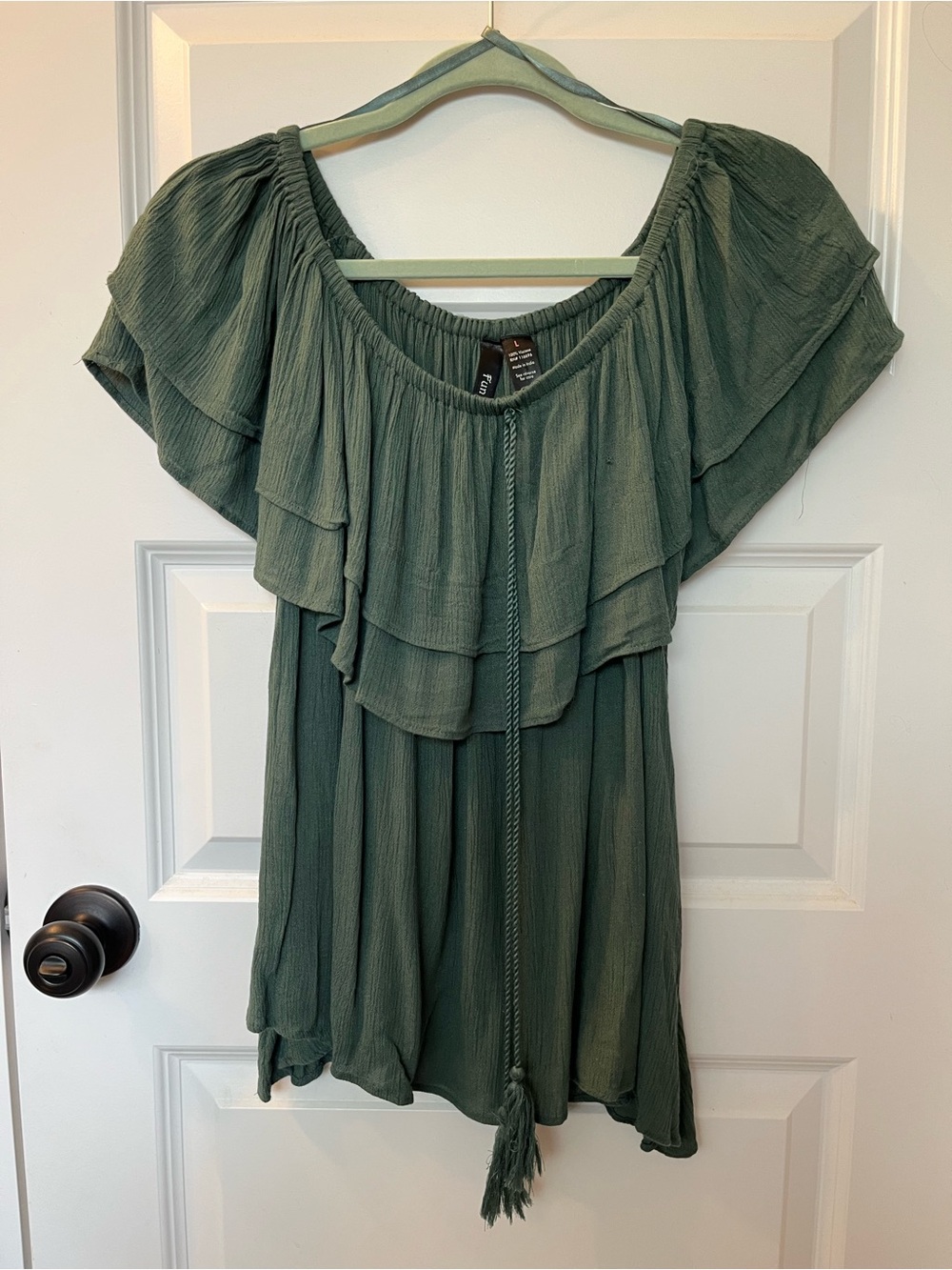Off shoulder ruffle sage green crinkle blouse